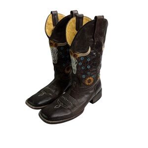 Camila Brown Leather Floral Embroidered Square Toe Cowboy Boots Western Festival